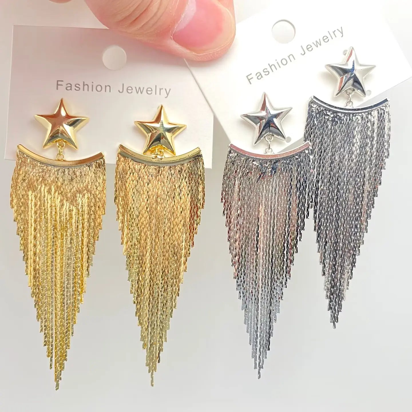 Earrings | Gold Plated Metal Chain Fringe Star Post Earrings