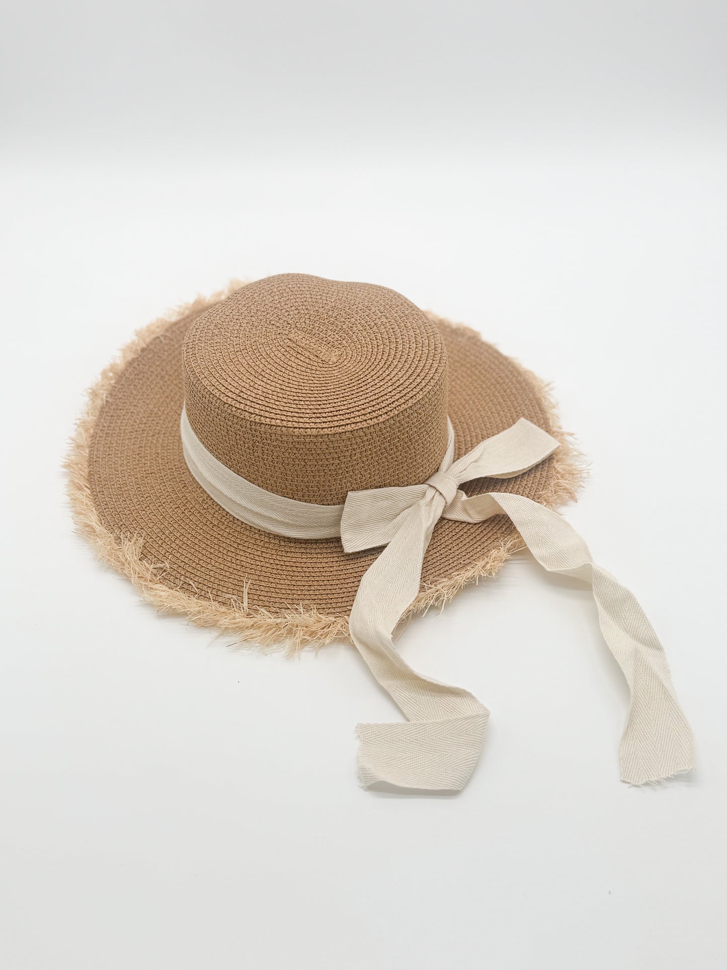 Straw Color With Cream Band and Bow Fringe Edge Hat