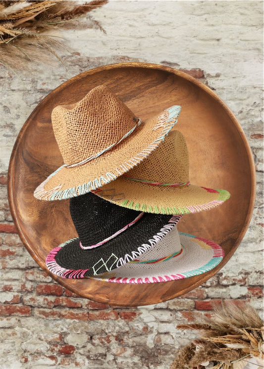 Multi Colored Stitched Brim Panama Hats