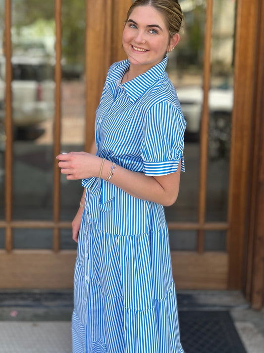 Blue Self Tie Striped Dress