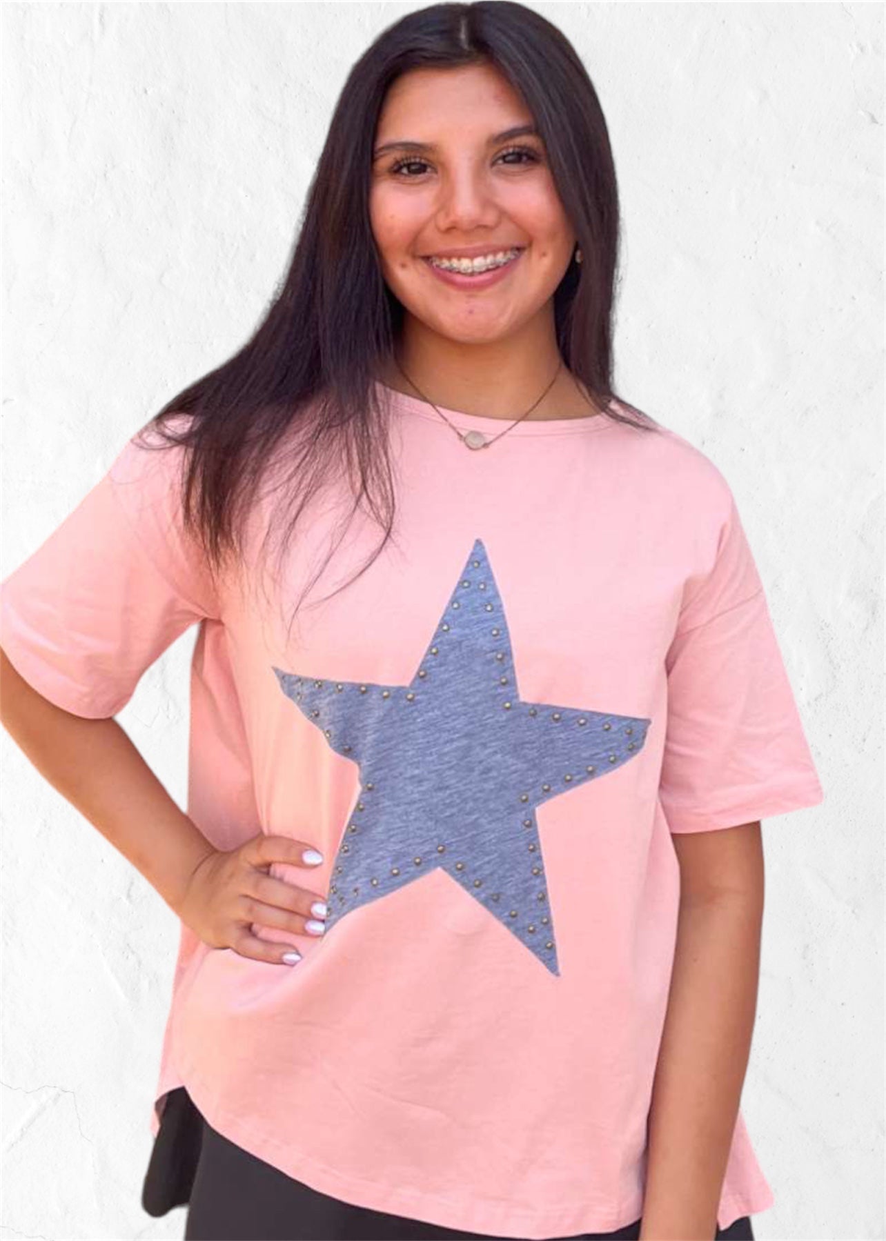 Top | Apricot Pink Star Patch Oversized Tee