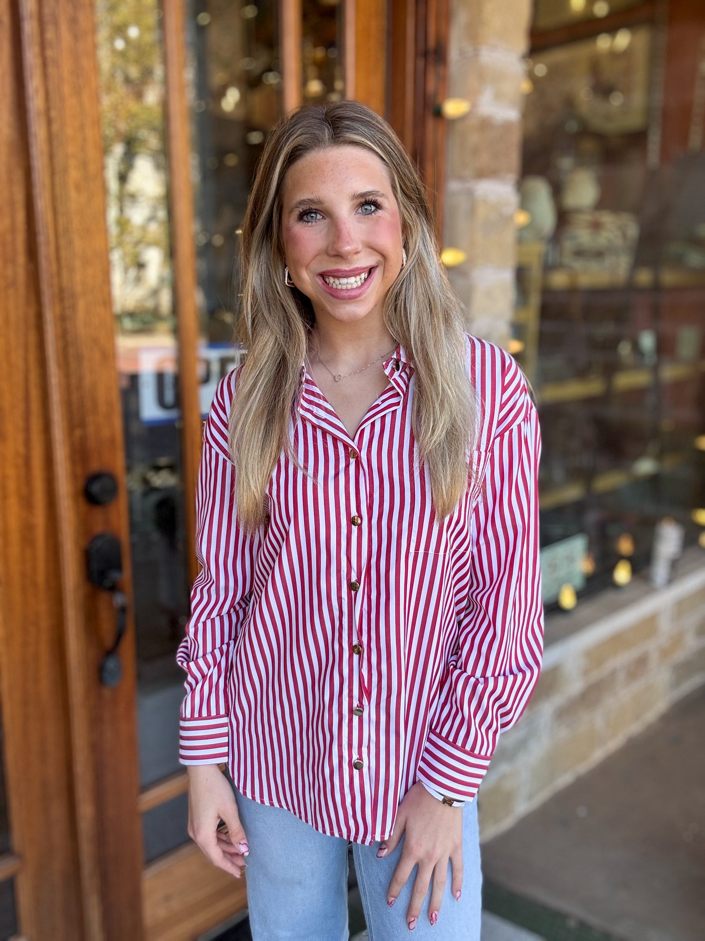 Stripe Side Slit Loose Red Blouse