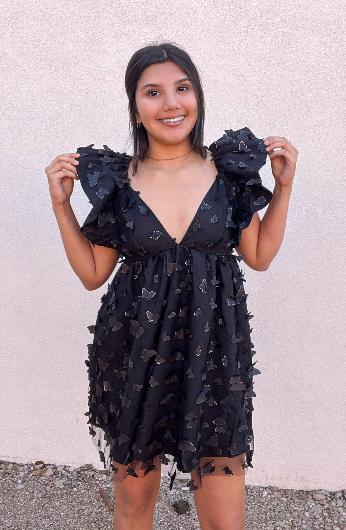 Dress | Butterfly Textured Ruffled Shoulder Mini Dress - Black