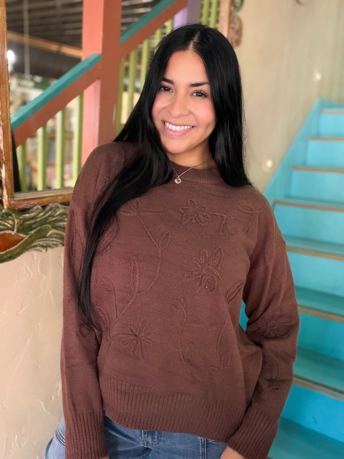 Sweater - Floral Knit Brown