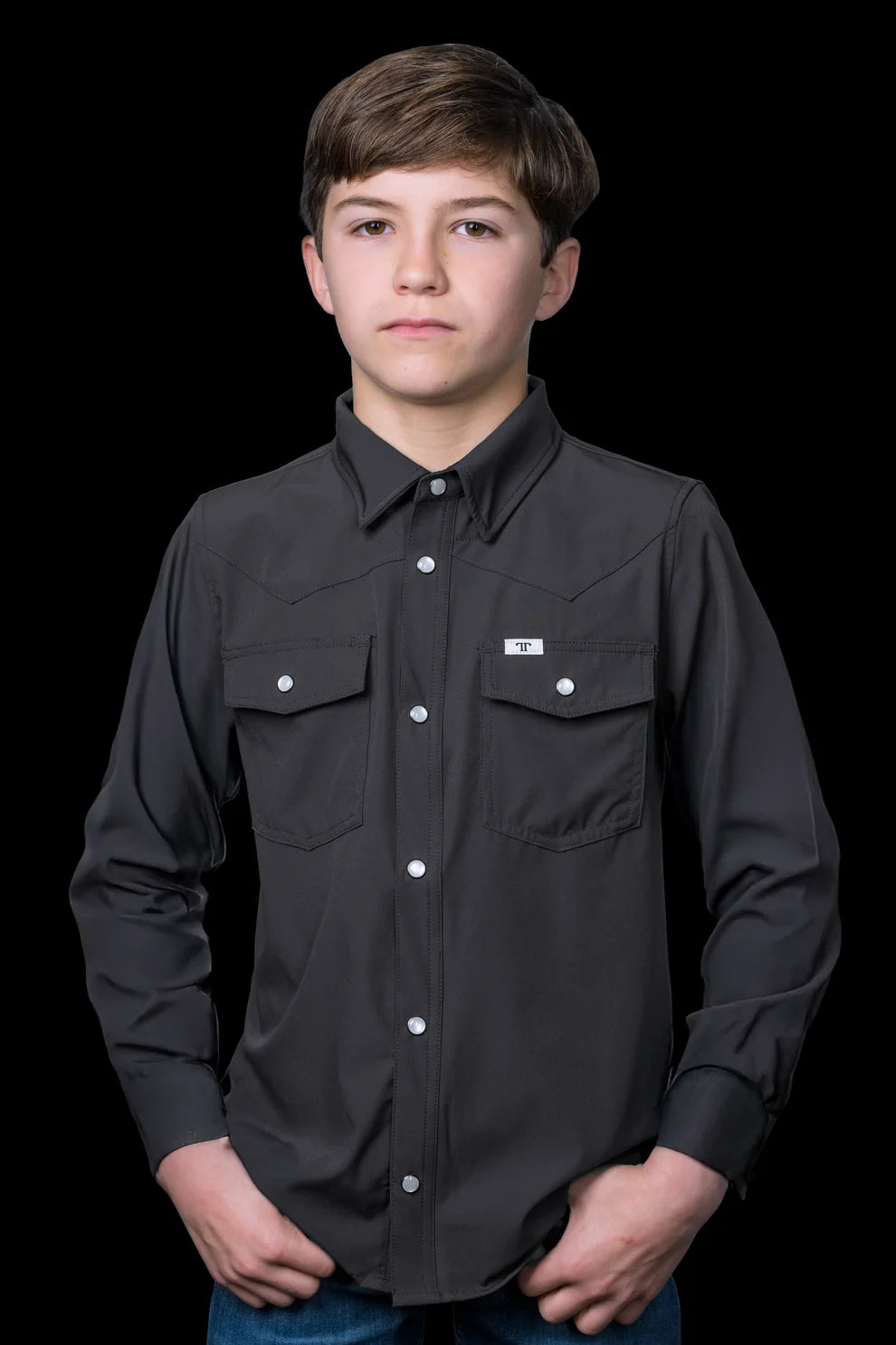 Boys Shirt - Grey Pearl Snap Long Sleeve