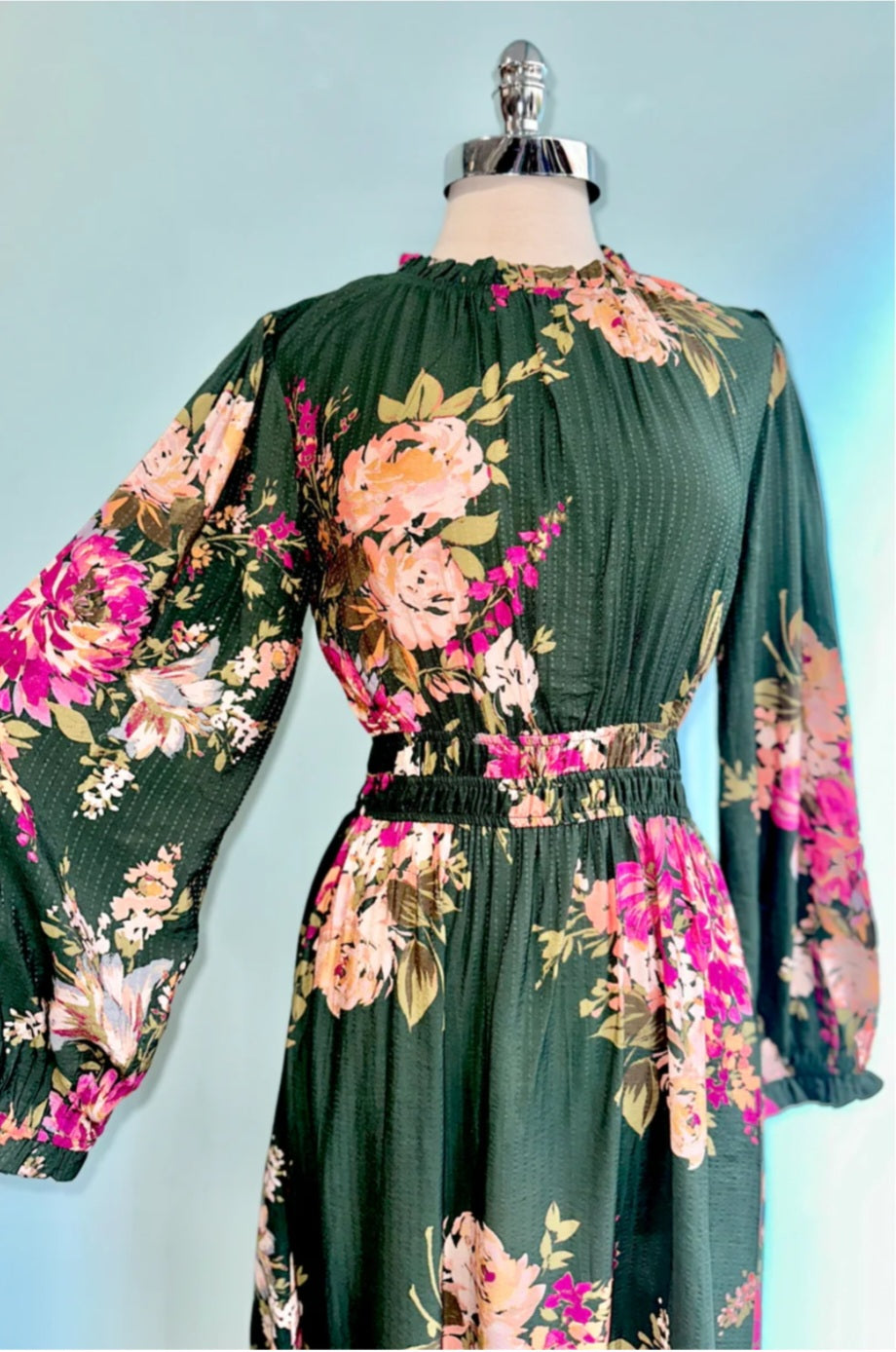 Dress | Plus Size Midi Floral Printed Ruffled Neckline Tiered Skirt