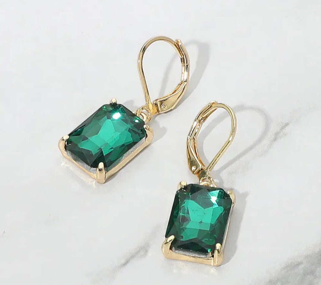 Earrings - Emerald Green Glass Stone Drop