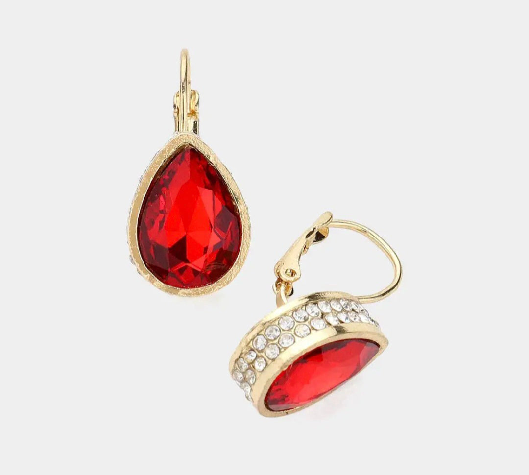Earrings - Red Teardrop Glass Stone
