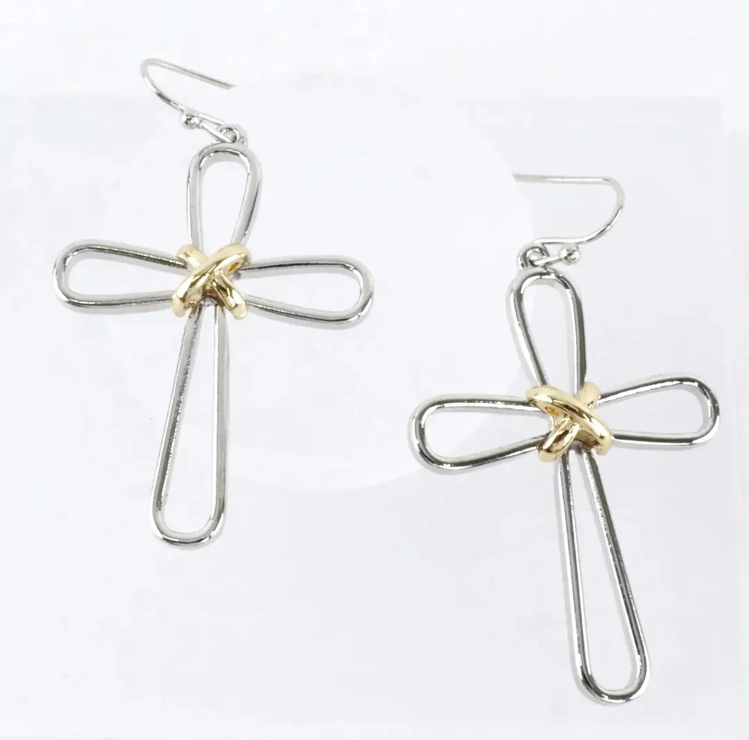 Earrings - Silver & Gold Cross Dangle