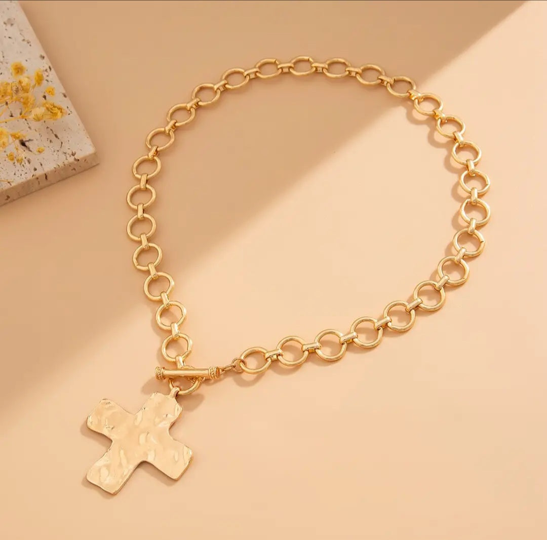 Necklace - Hammered Gold Cross Pendant