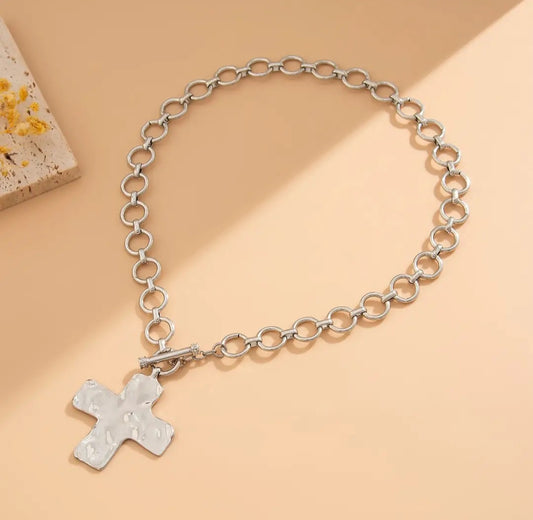 Necklace - Silver Hammered Cross Chain