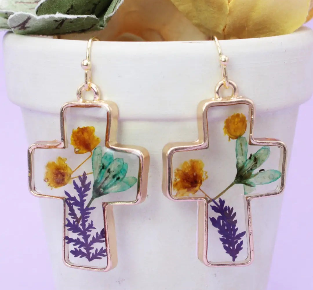 Earrings - Gold Cross Pressed Flower