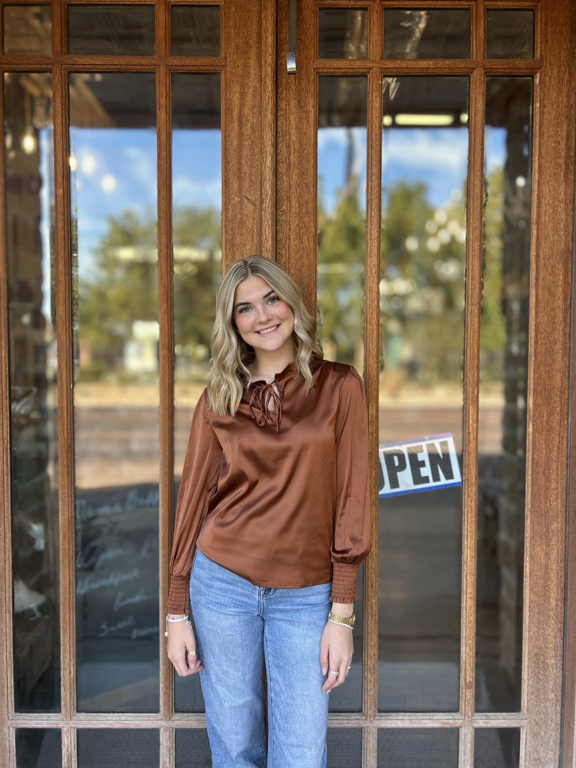 Tops | Blouse Dark Brown Satin Tie Neck Long Sleeves Elastic Wrist