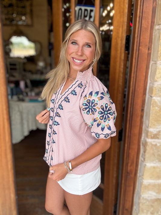 THML Smocked Neck Puff Top