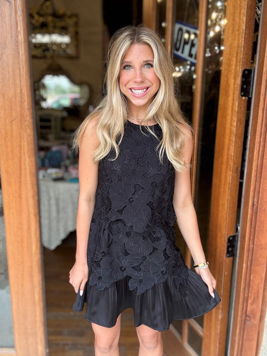 Black Floral Lace Tiered Mini Dress