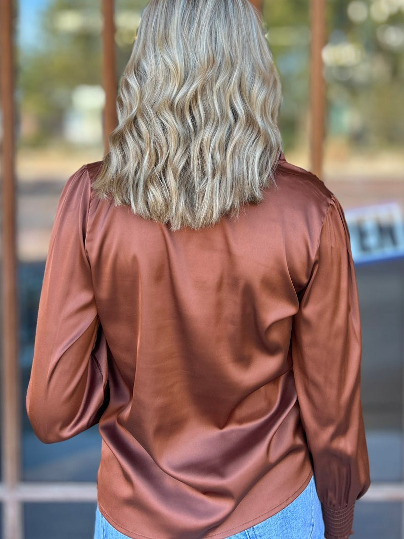 Tops | Blouse Dark Brown Satin Tie Neck Long Sleeves Elastic Wrist