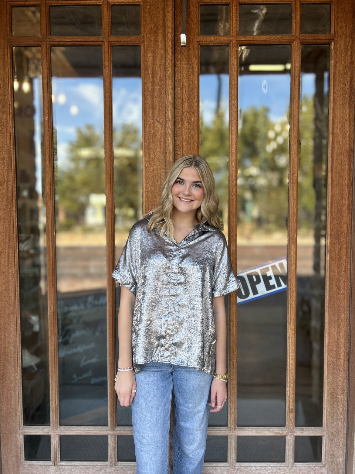 Tops | Blouse Metallic Gray Button-Down Short Sleeve Loose Fit