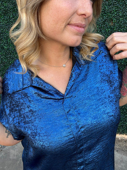 Tops | Blouse Metallic Blue Button Down Short Sleeve Loose Fit
