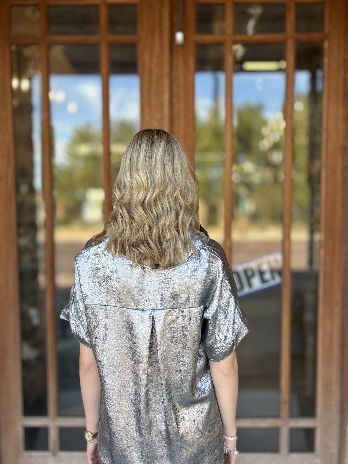 Tops | Blouse Metallic Gray Button-Down Short Sleeve Loose Fit