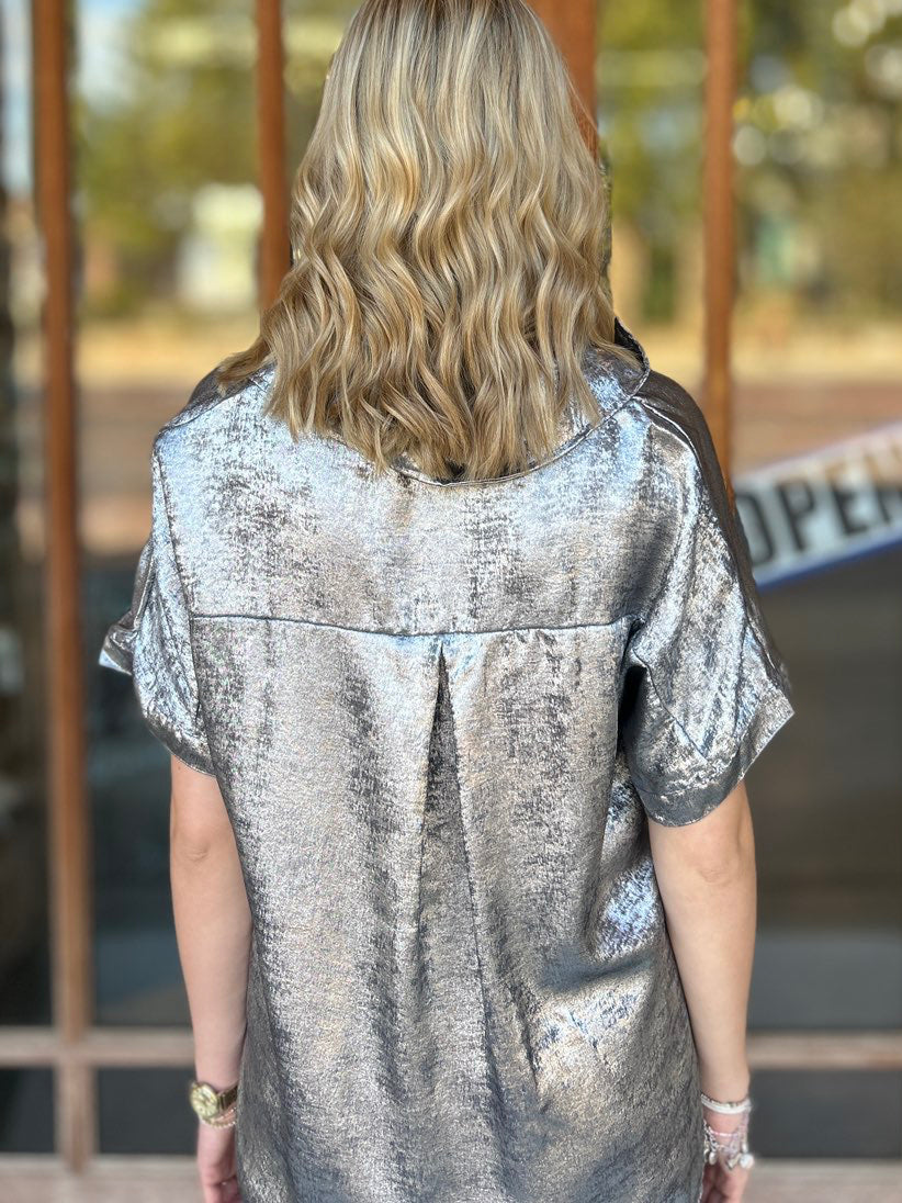 Tops | Blouse Metallic Gray Button-Down Short Sleeve Loose Fit