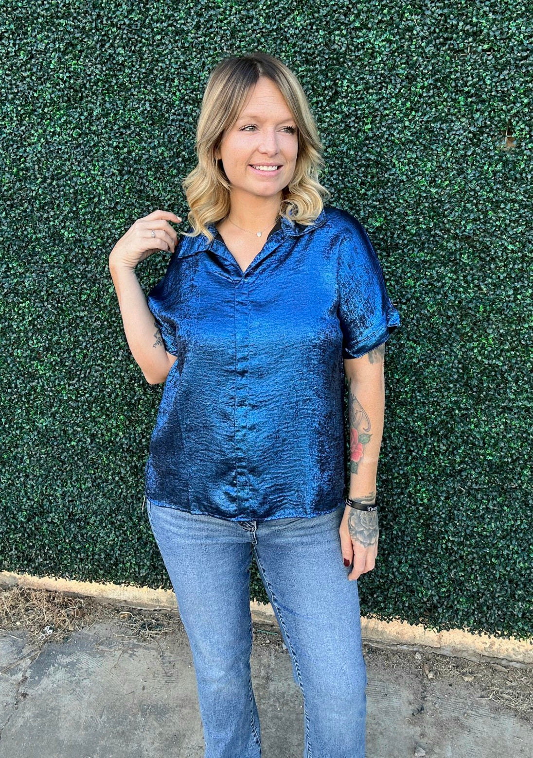 Tops | Blouse Metallic Blue Button Down Short Sleeve Loose Fit