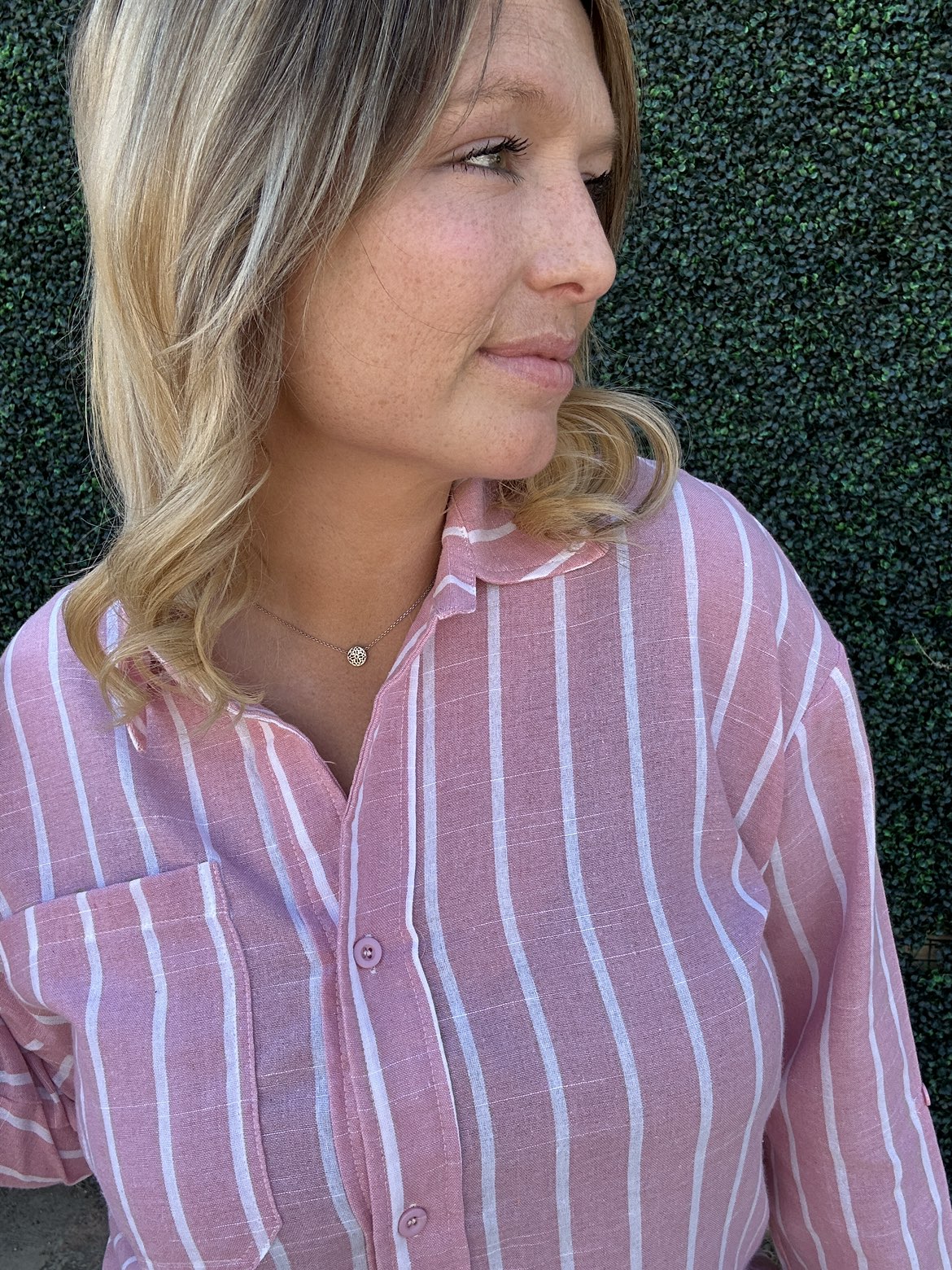 Tops | Blouse Pink w/White Stripes Casual Loose Long Sleeve