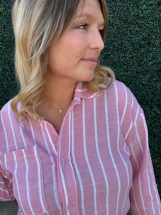 Tops | Blouse Pink w/White Stripes Casual Loose Long Sleeve