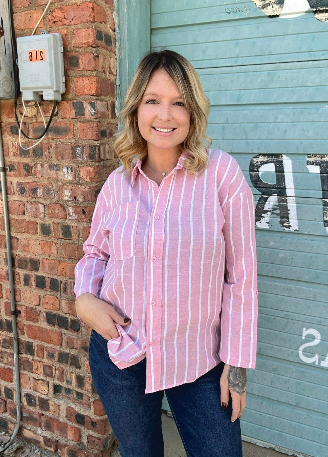 Tops | Blouse Pink w/White Stripes Casual Loose Long Sleeve
