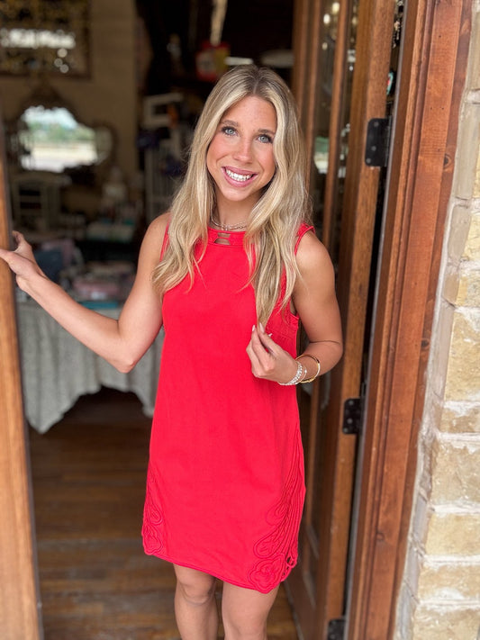 Embroidered Red Shift Dress