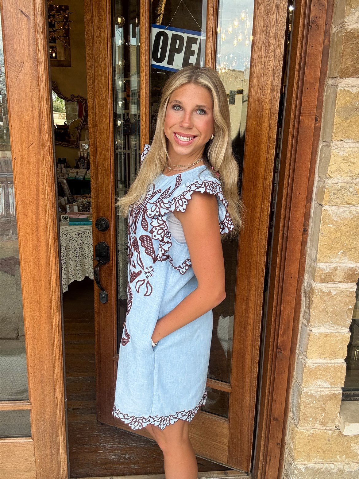 THML Flutter Sleeve Embroidered Dress