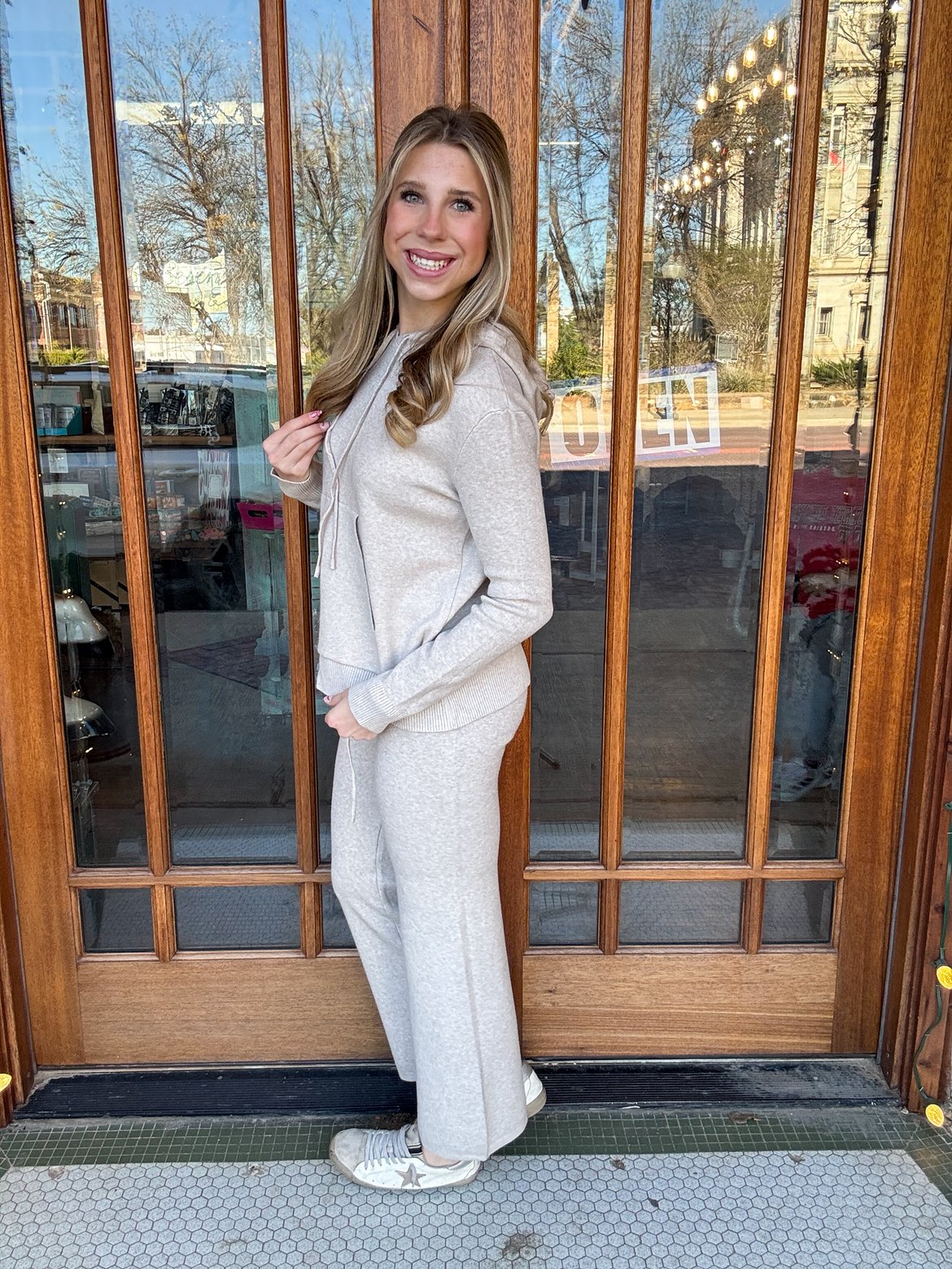 Pullover Knit Hoodie Lounge Set One Size Beige