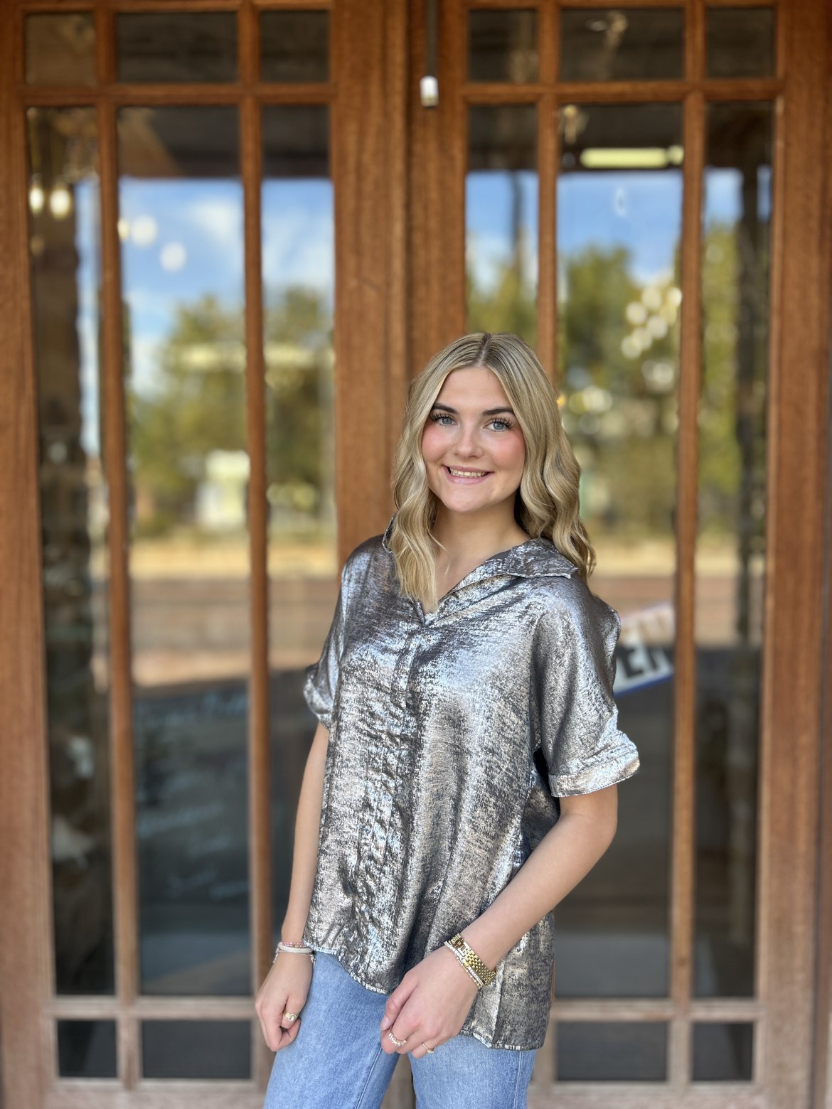 Tops | Blouse Metallic Gray Button-Down Short Sleeve Loose Fit