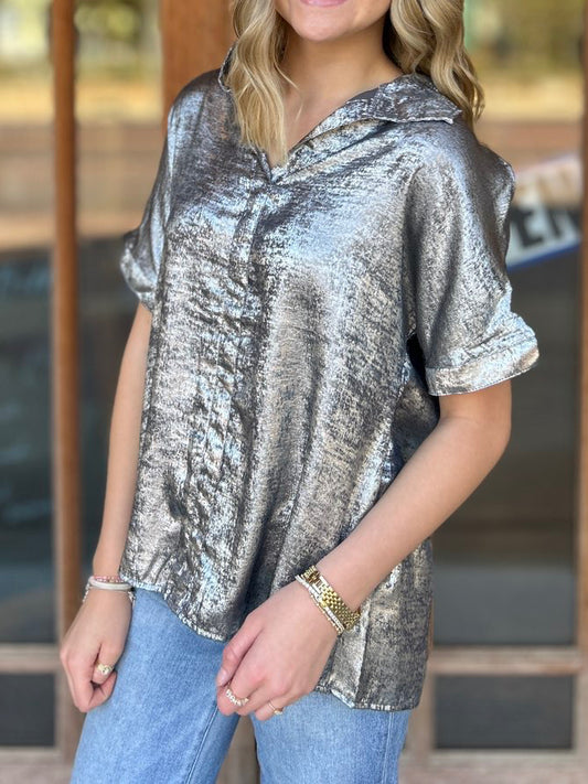 Tops | Blouse Metallic Gray Button-Down Short Sleeve Loose Fit