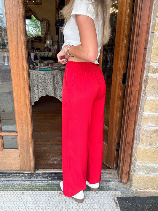 Bold Red High Waisted Wide Leg Pants
