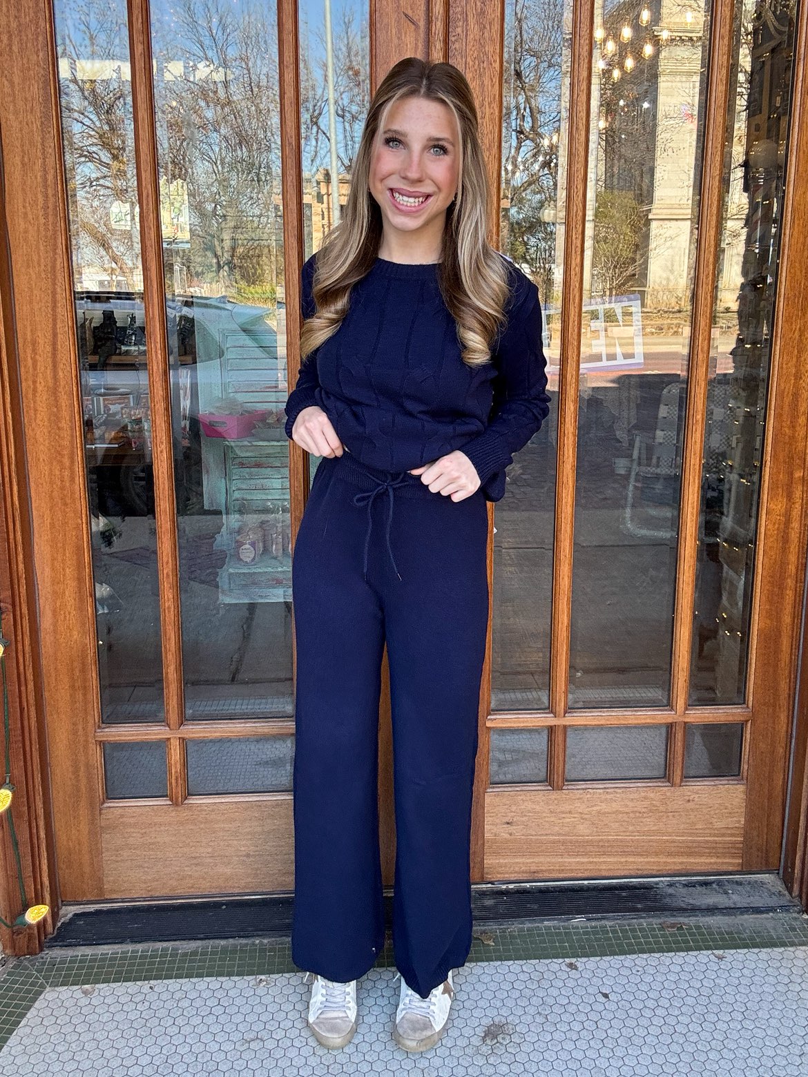 Cable Knit Sweater Set One Size Navy Blue