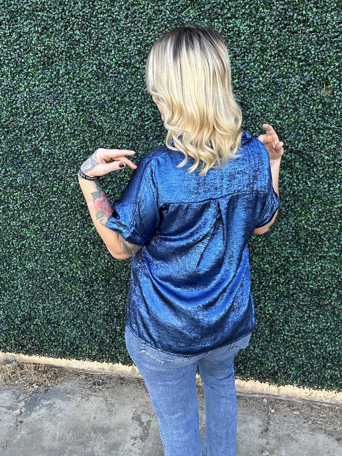 Tops | Blouse Metallic Blue Button Down Short Sleeve Loose Fit