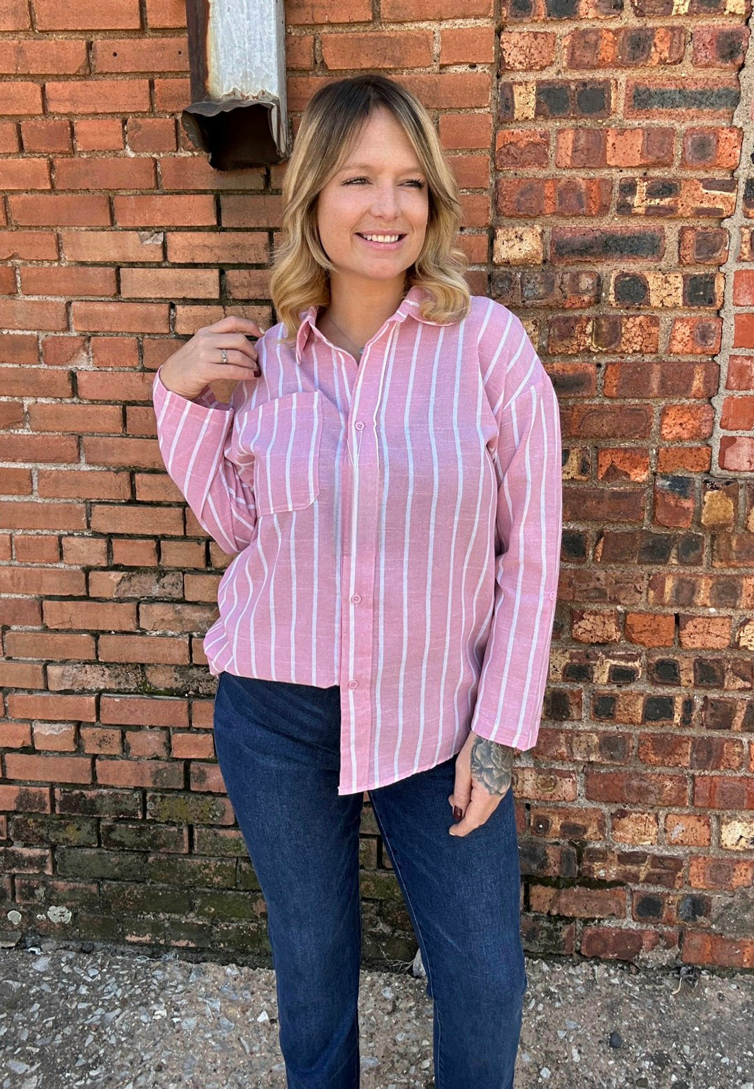 Tops | Blouse Pink w/White Stripes Casual Loose Long Sleeve