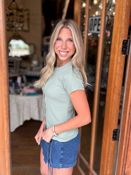 Top - Sage Green Ribbed Button-Front Crew Neck