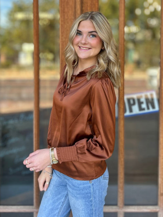 Tops | Blouse Dark Brown Satin Tie Neck Long Sleeves Elastic Wrist