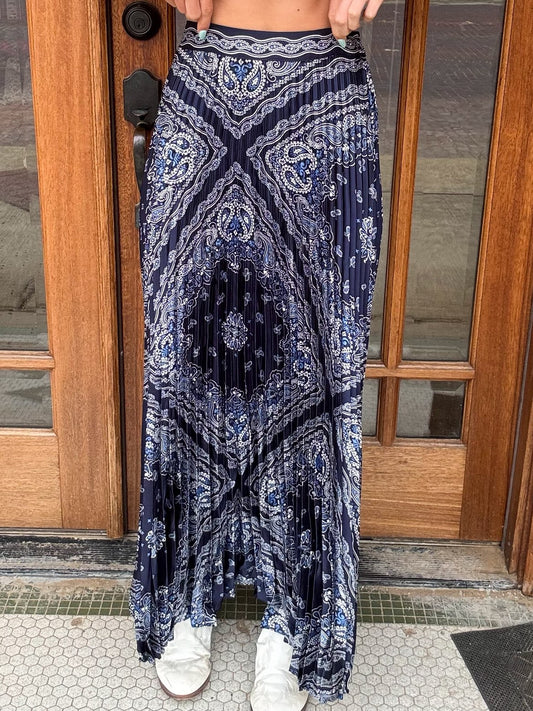 Skirt - Paisley Print Pleated Maxi