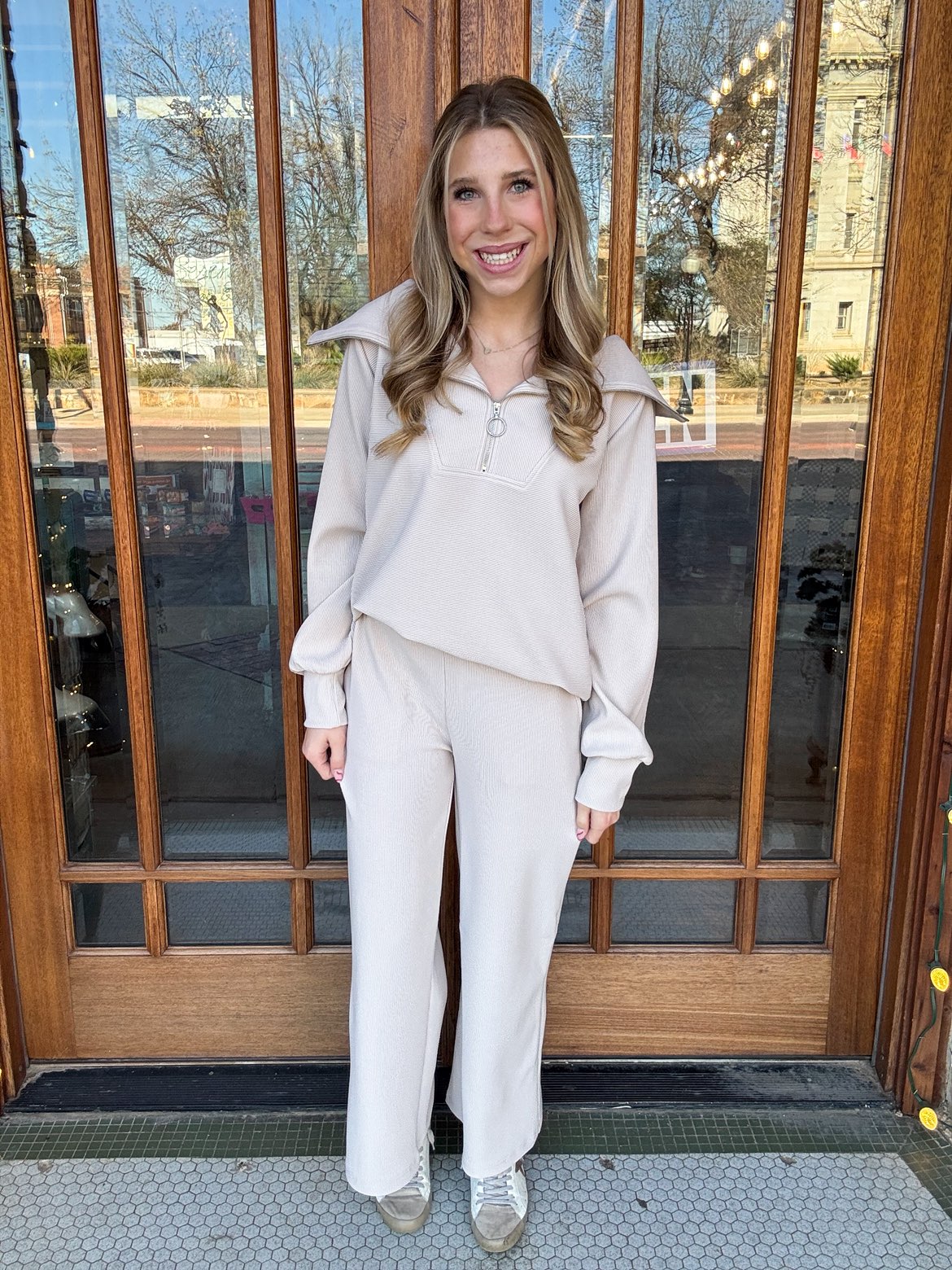 Beige Pullover & Pants Ribbed Set