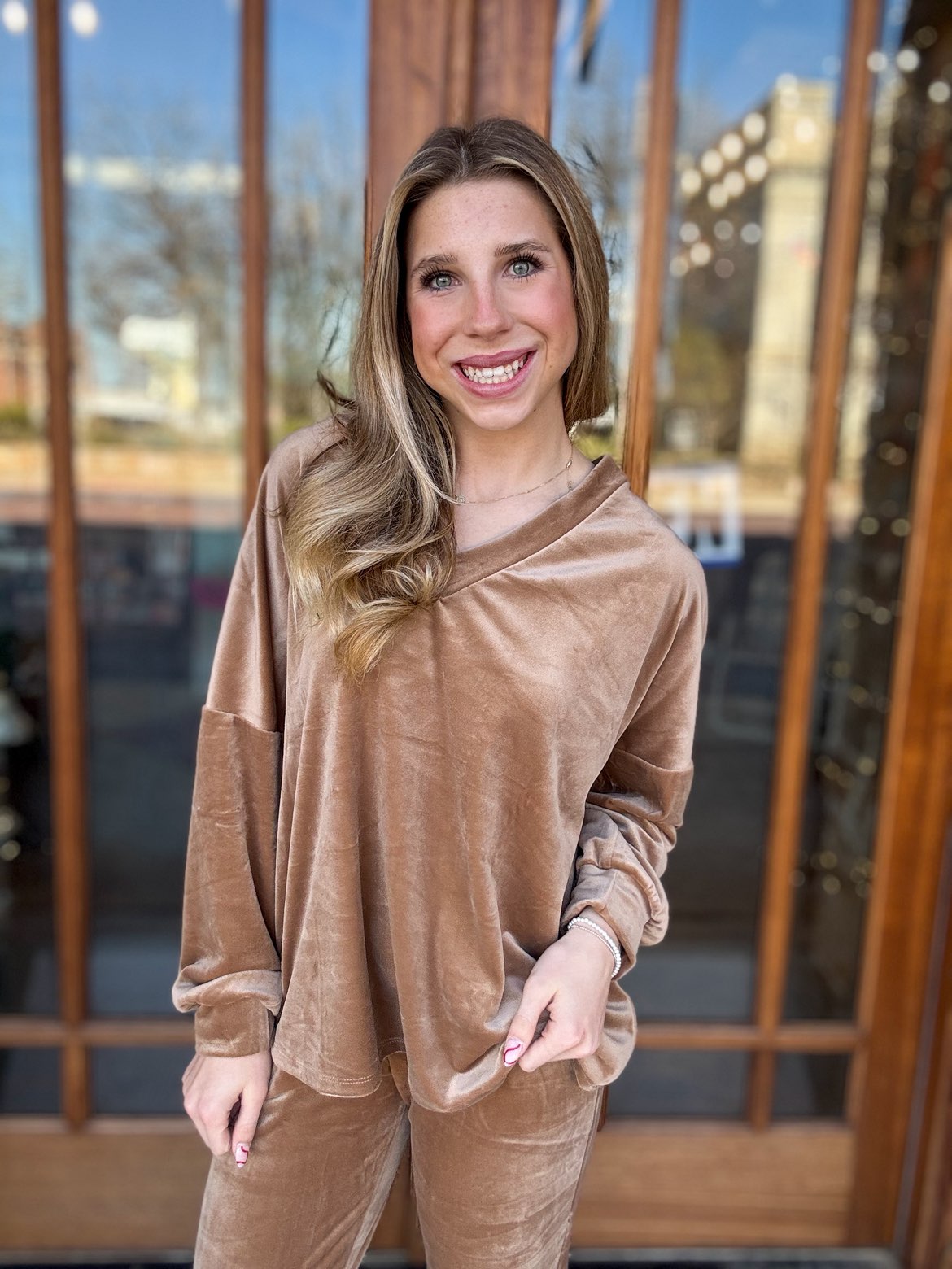 Velvet V-Neck Sweater Set Camel