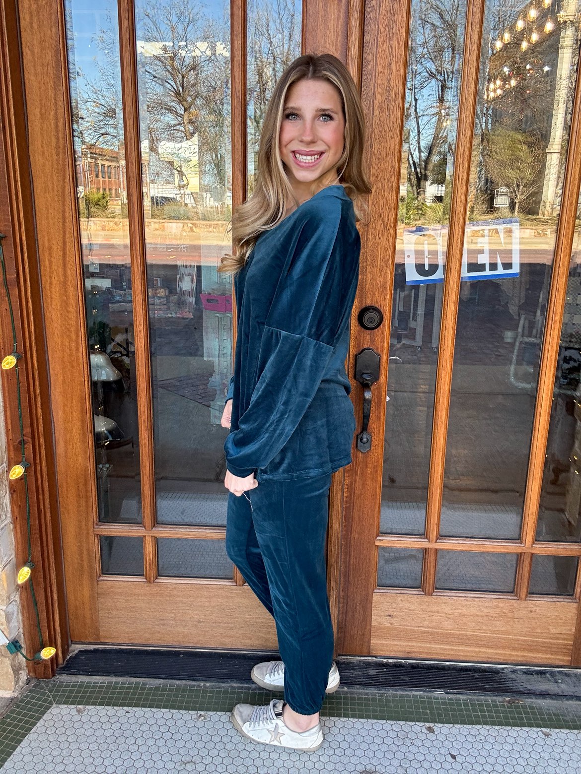 V-Neck Velvet Sweater Set Teal