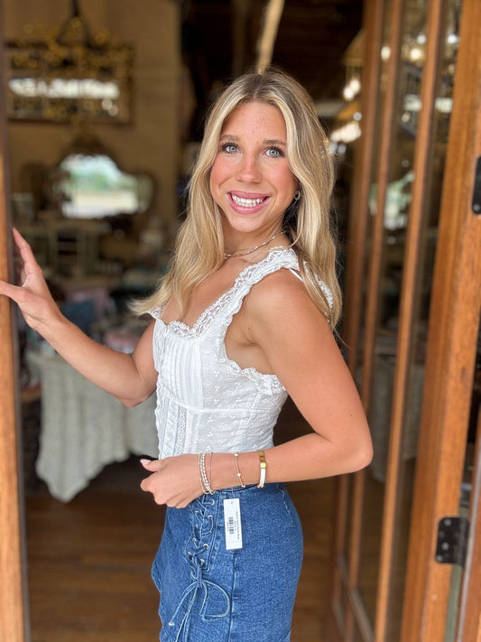 Top - White Square Neck Ruffle