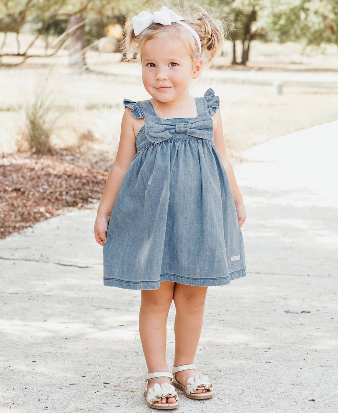 Girls | Light Wash Flutter Bow Woven Dress