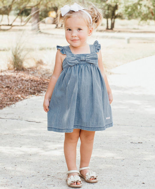 Girls | Light Wash Flutter Bow Woven Dress