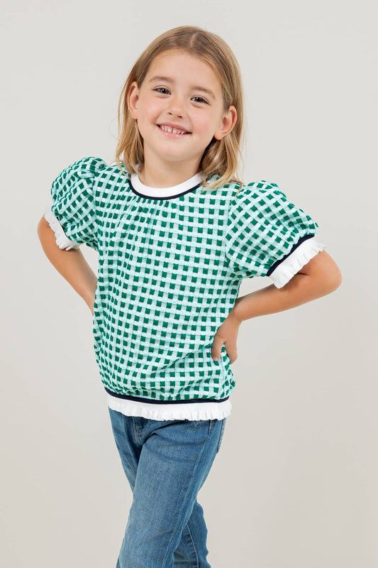 Girls | Blouse Puff Sleeve Green Checkered Print With White Trim on Neck, Sleeves & Waist