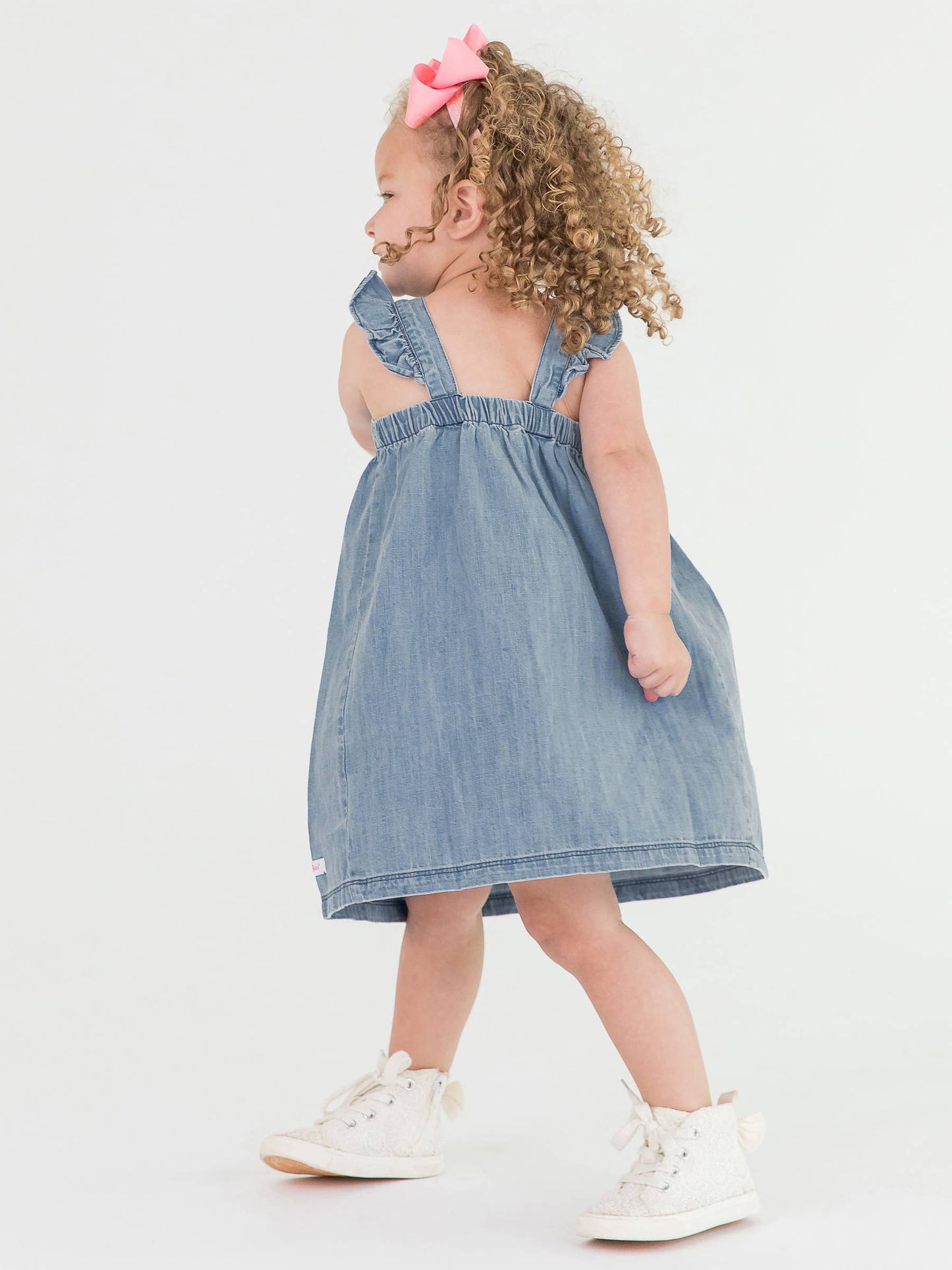 Girls | Light Wash Flutter Bow Woven Dress