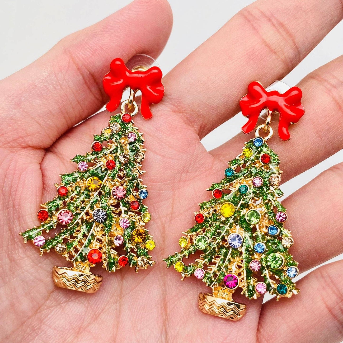 Jewelry | Earrings Christmas Tree Colorful Red Bow