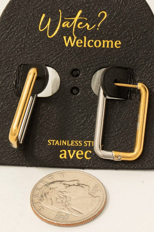 Stainless Steel Two Tone Rectangle Hinge Hoop Earrings